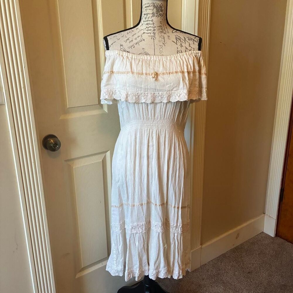 Vtg Ivory Boho Cottagecore Off The Shoulder Crochet Cotton Midi Dress